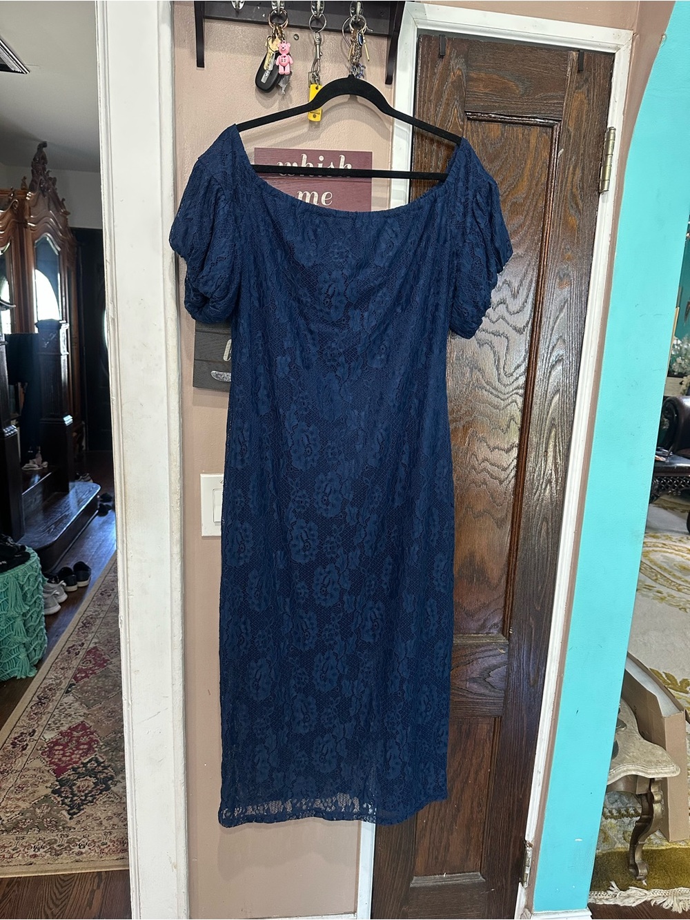 Elegant Navy Lace Midi Dress with Off Shoulder Neckline
